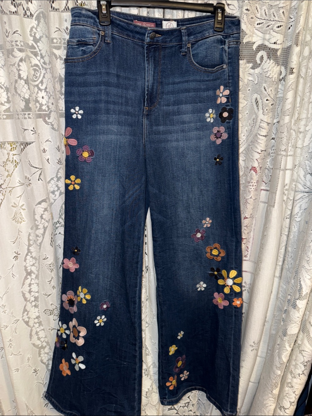 DRIFTWOOD Carlie Dark Blue Floral Embroidered Wide-Leg Jeans - Picture 3 of 7